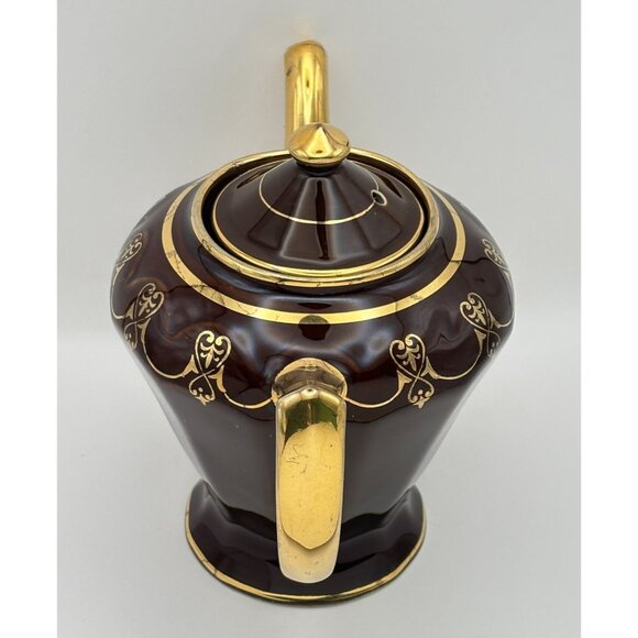 Vintage Art Deco Teapot Fraunfelter Brown with Gold Trim Ornate Design - Picture 6 of 12
